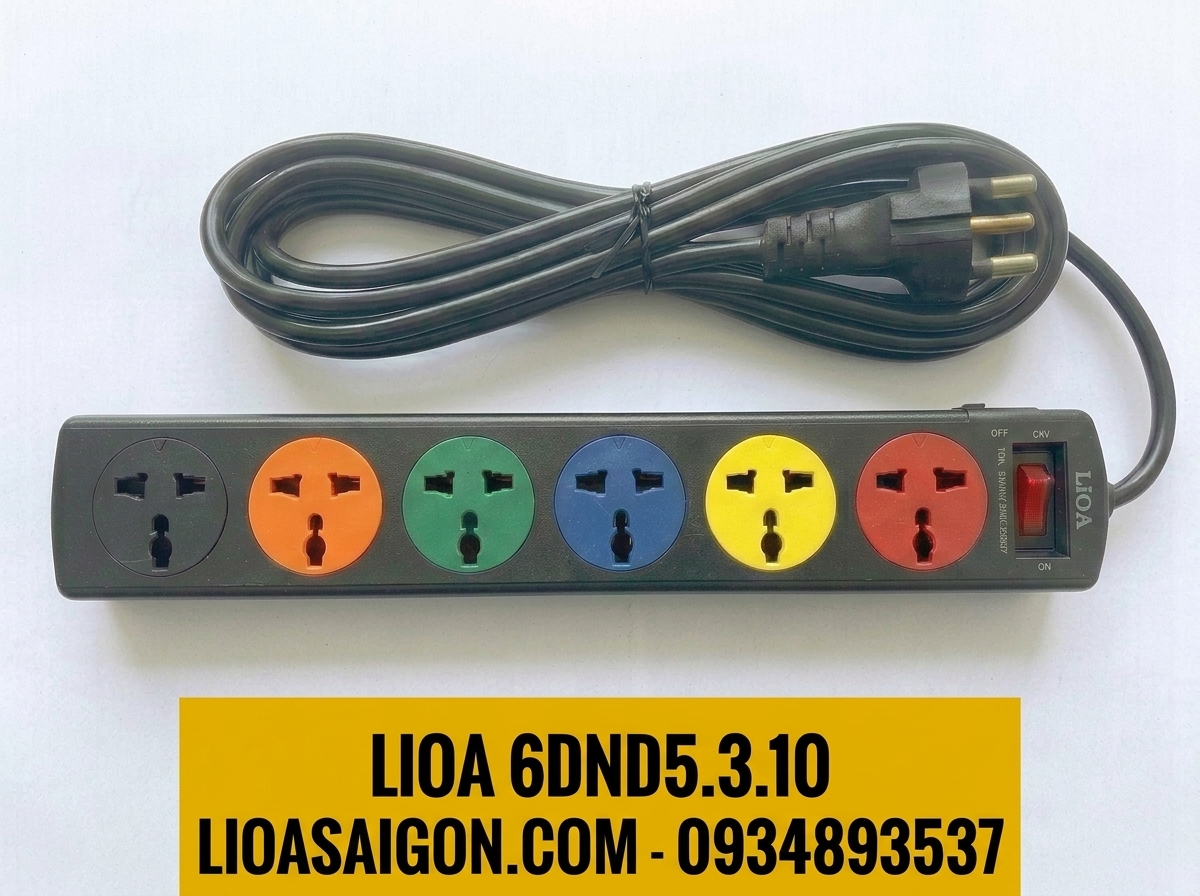 Ổ Cắm LiOA 6DND5.3.10 (6 Lỗ - 5m - 3 Lõi) Tiếp Địa An Toàn